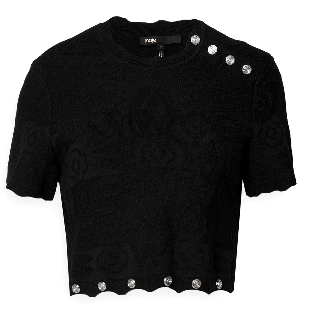 Maje Black Cropped Knit Top with Decorative Buttons